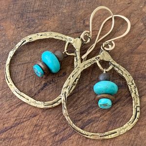 Gold Boho Artisan Earrings Howlite & Wood Turquoise & Brown